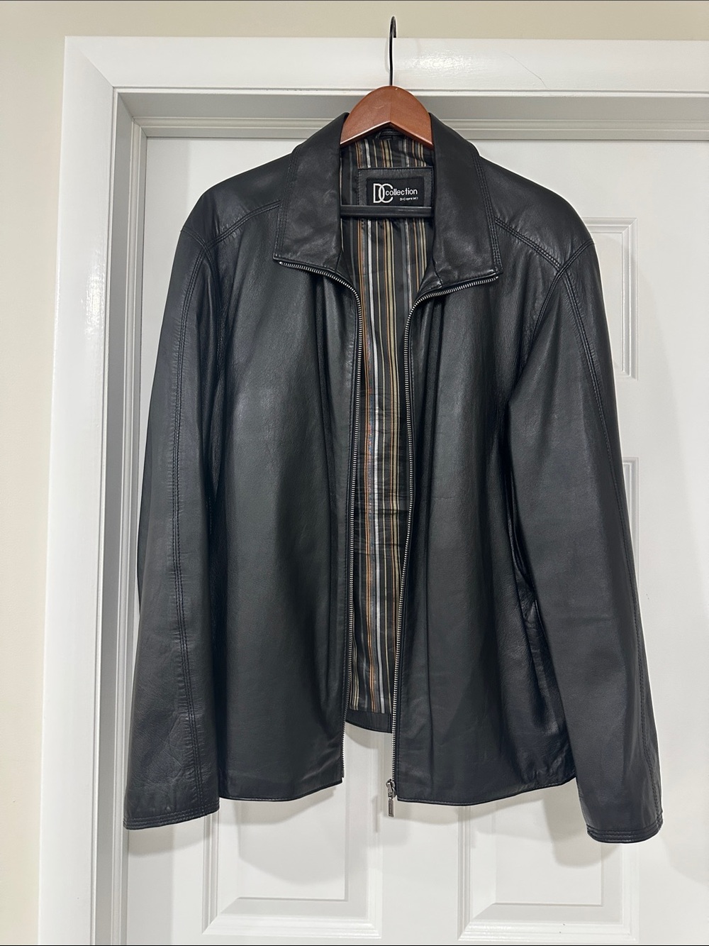 Canadian Black Leather Bomber Jacket with Striped Lining
